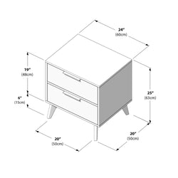 Isometric line drawing of a mid-century modern two-drawer bedside table with tapered legs, labeled dimensions 24″W x 20″D x 25″H (60 × 50 × 63 cm)