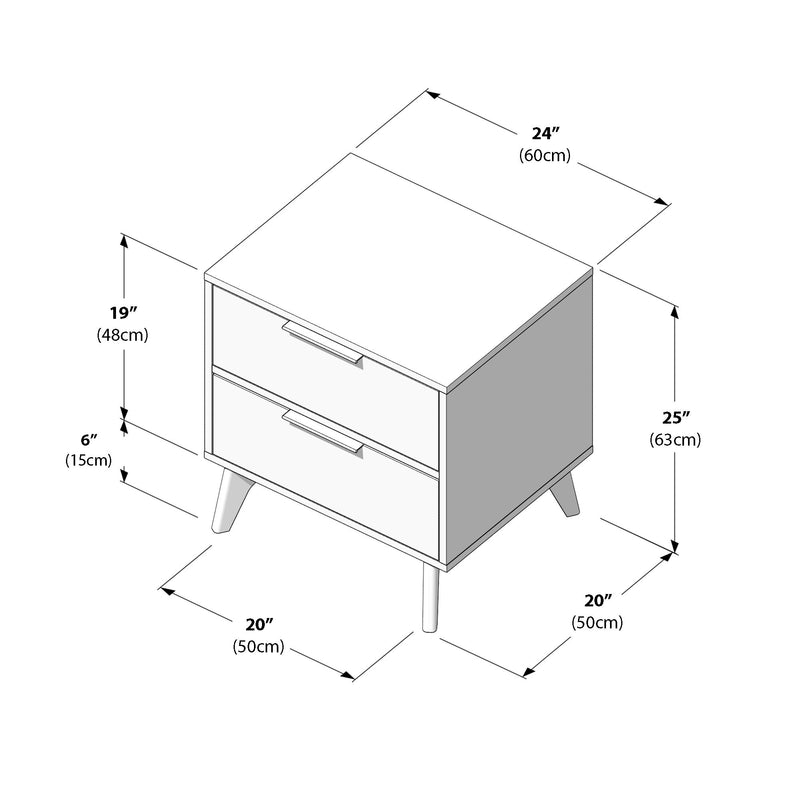 Isometric line drawing of a mid-century modern two-drawer bedside table with tapered legs, labeled dimensions 24″W x 20″D x 25″H (60 × 50 × 63 cm)