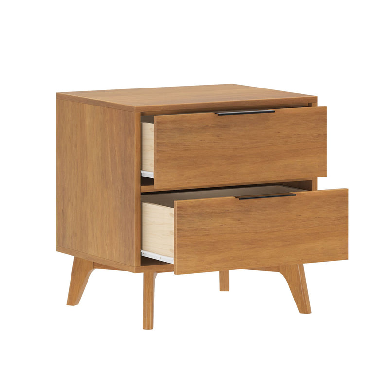 Mid-century modern wooden nightstand with two open drawers and sleek design.
