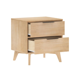 Modern wooden nightstand with two open drawers on angled legs.