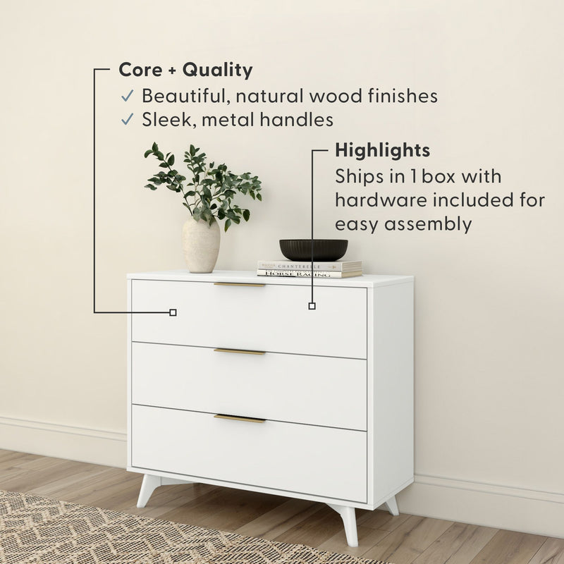 White mid-century modern 3-drawer dresser with sleek gold metal handles and natural wood finishes, styled with vase and books on top, ships in one box with hardware for easy assembly, ideal bedroom storage
