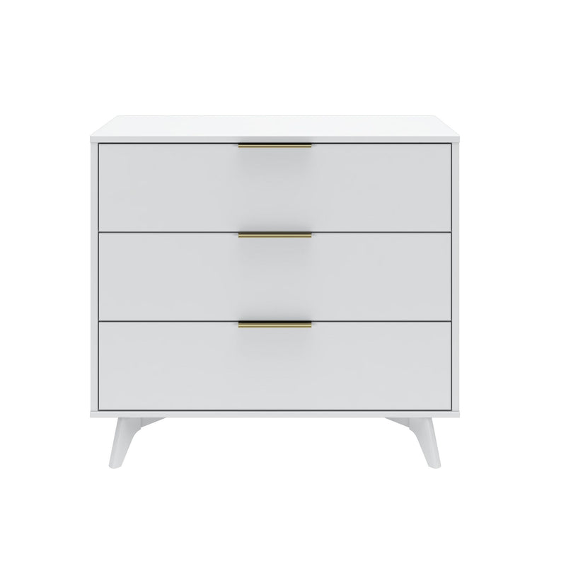 White mid-century modern three-drawer dresser with brass bar handles and angled legs, minimalist Scandinavian bedroom storage chest