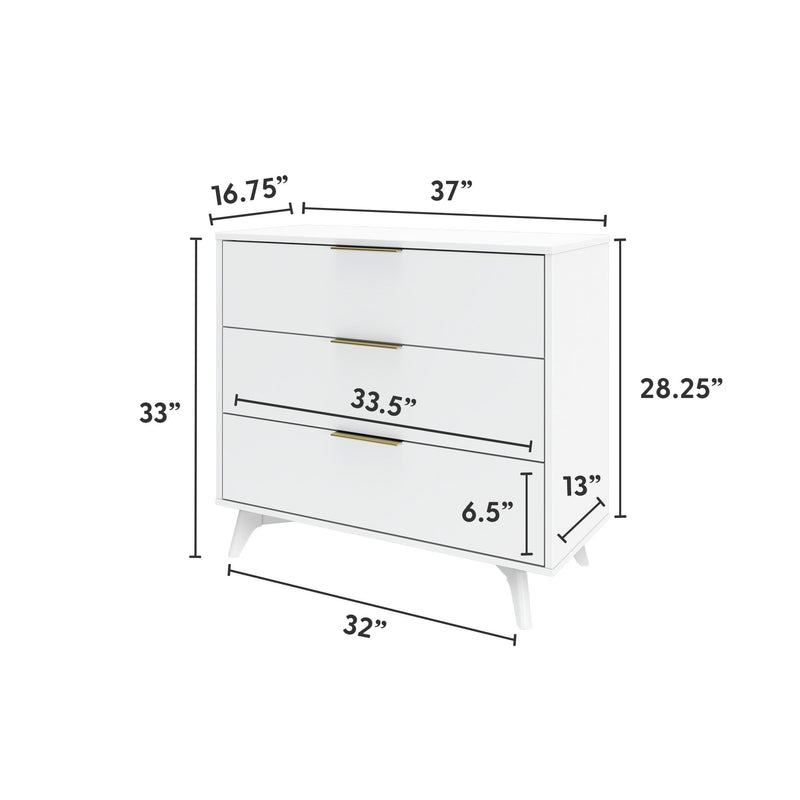 White mid-century modern 3-drawer dresser with brass handles and tapered legs, 37" W x 16.75" D x 33" H — modern bedroom storage solution