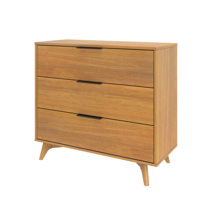 Mid-century modern wooden dresser with three drawers and sleek handles.