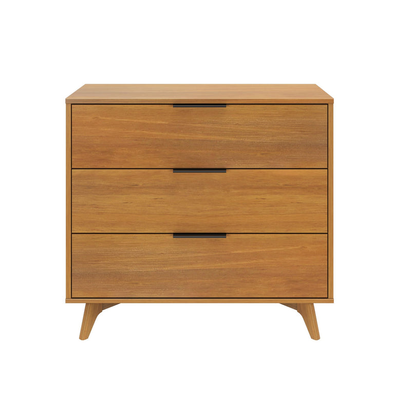 Mid-century modern wooden dresser with three drawers and sleek black handles.