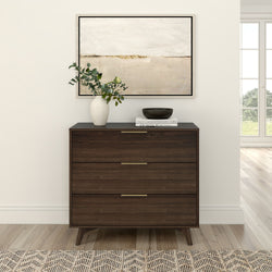 Wooden dresser with three drawers and decorative items, including a vase and books, in a modern living room setting with abstract wall art.