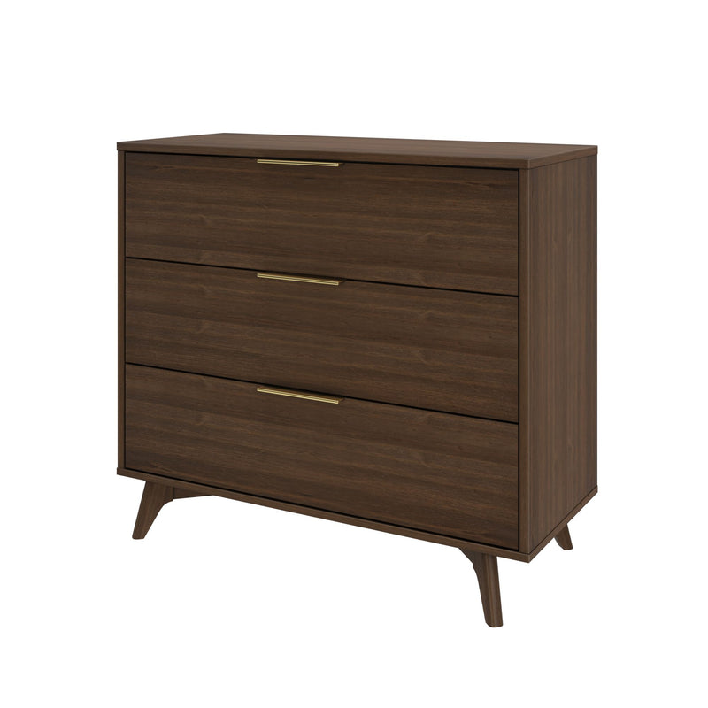 Mid-century modern walnut dresser with three drawers and sleek design.