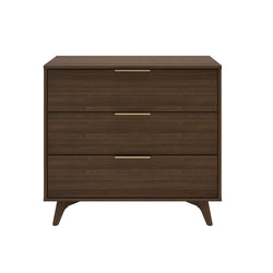 Mid-century modern wooden dresser with three drawers and sleek metal handles.