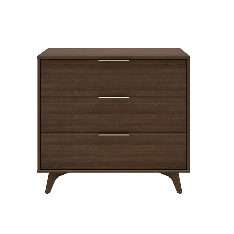 Mid-century modern wooden dresser with three drawers and sleek metal handles.