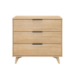 Wooden three-drawer dresser with a minimalist design and black handles.