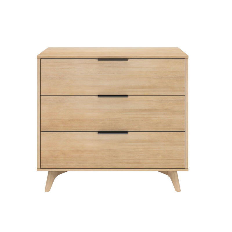 Wooden three-drawer dresser with a minimalist design and black handles.