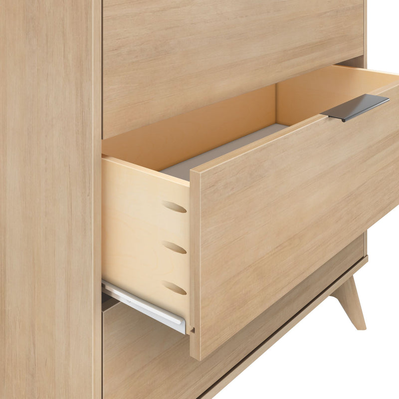 Open wooden dresser drawer with modern design and ample storage space.