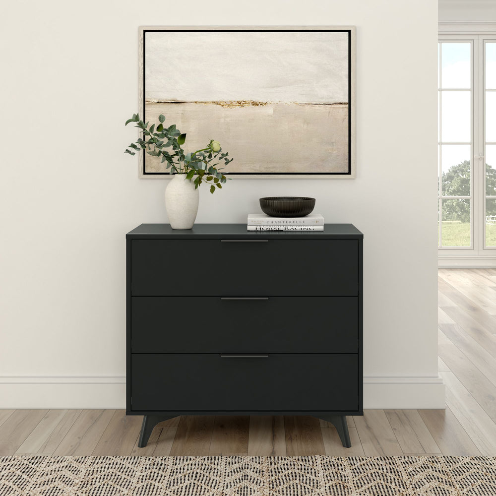 Stylish modern black dresser with three drawers, decorated with houseplant and art, in bright minimalist living room.