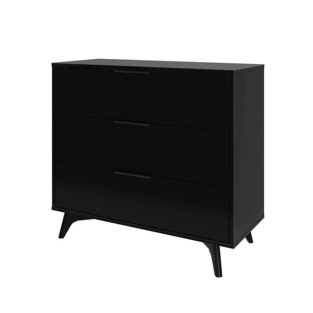 Mid-century modern black three-drawer dresser with sleek design and minimalist handles for bedroom storage.