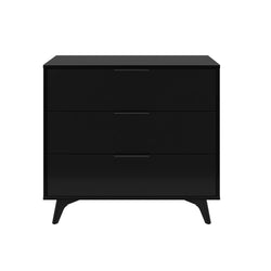 Black modern three-drawer dresser with sleek minimalist design.