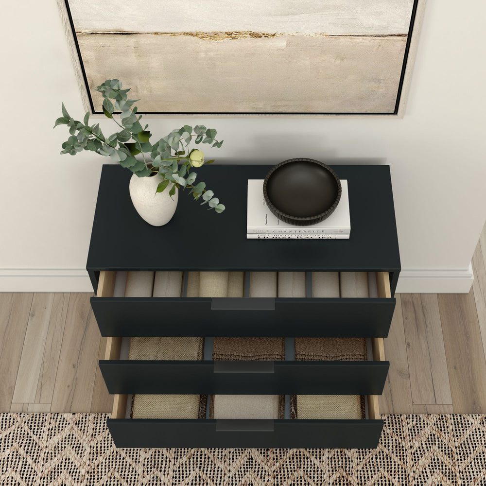 Modern black dresser with open drawers and a decorative vase with green foliage on top, placed on a wooden floor with a textured rug.
