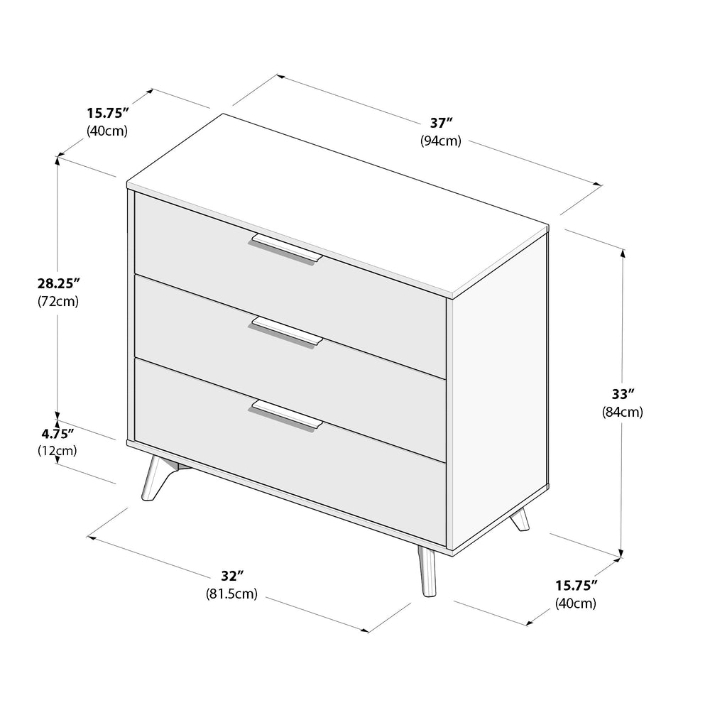 Dimensions diagram of a three-drawer dresser showing width, height, depth, and leg measurements for bedroom furniture planning.