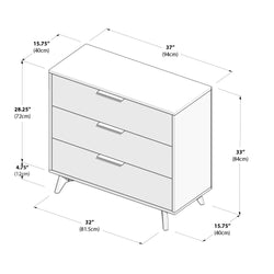 Dimensions diagram of a three-drawer dresser showing width, height, depth, and leg measurements for bedroom furniture planning.