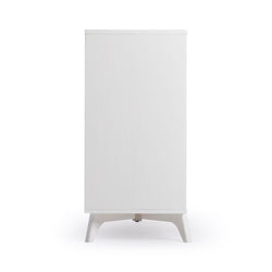 Modern white tall narrow storage cabinet with angled legs, minimalist bedroom dresser for small spaces