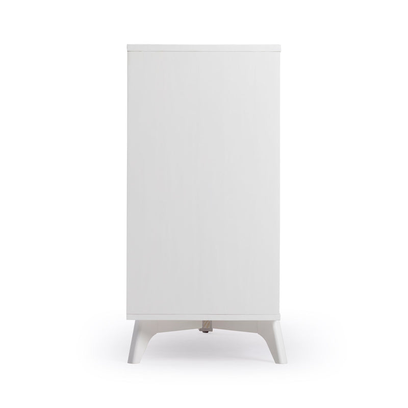 Modern white tall narrow storage cabinet with angled legs, minimalist bedroom dresser for small spaces