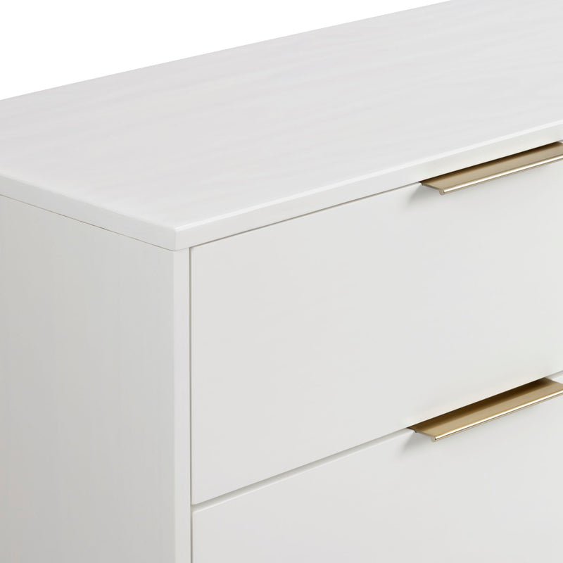 Modern white dresser with slim gold drawer handles, minimalist two-drawer bedroom storage cabinet for contemporary home decor