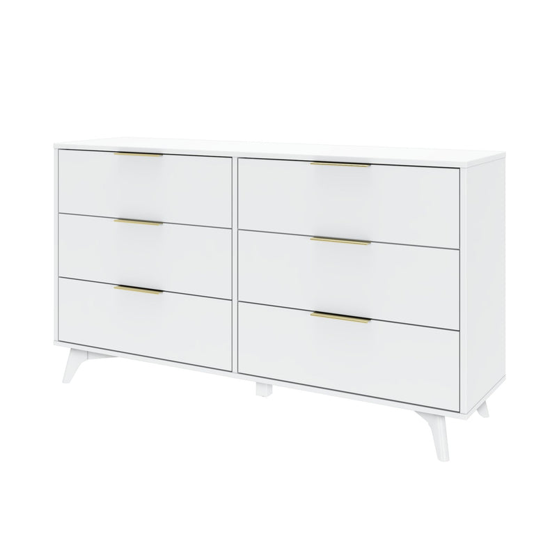 White modern six-drawer dresser with gold handles and sleek design.