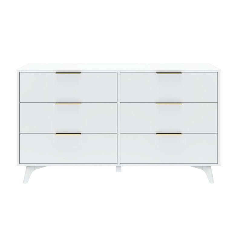 White modern six-drawer dresser with gold handles on a plain background.