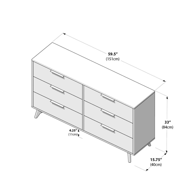 Illustration of a six-drawer dresser with dimensions: 59.5 inches width, 33 inches height, 15.75 inches depth, modern design.