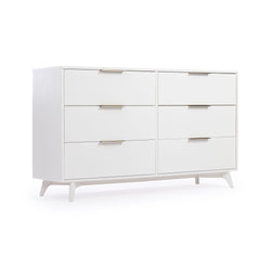 Modern white 6-drawer dresser with brass handles and tapered mid-century legs, spacious bedroom storage
