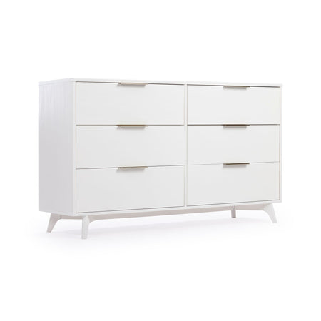 White 6-drawer mid-century modern dresser with gold handles on tapered legs — bedroom storage chest