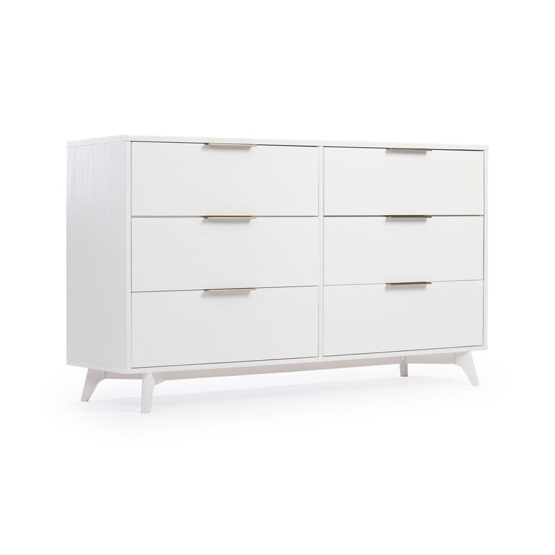 Modern white 6-drawer dresser with brass handles and tapered mid-century legs, spacious bedroom storage