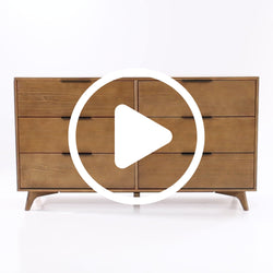 Mid-century modern wooden dresser with six drawers, minimalist design for stylish bedroom storage.