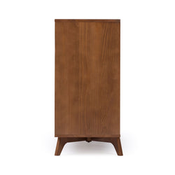 Tall mid-century modern walnut storage cabinet, side view with tapered legs and warm wood grain finish