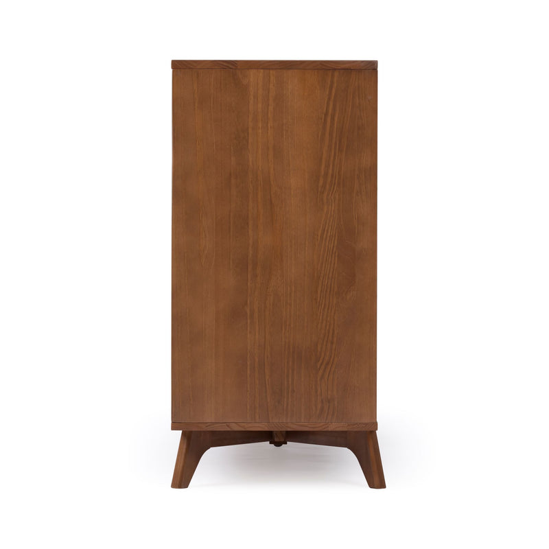 Tall mid-century modern walnut storage cabinet, side view with tapered legs and warm wood grain finish