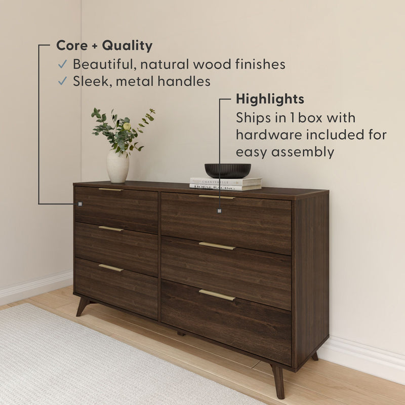 Mid-century modern dark wood dresser with natural wood finish, metal handles, and easy assembly instructions, showcasing a minimalist design with a potted plant and books on top.
