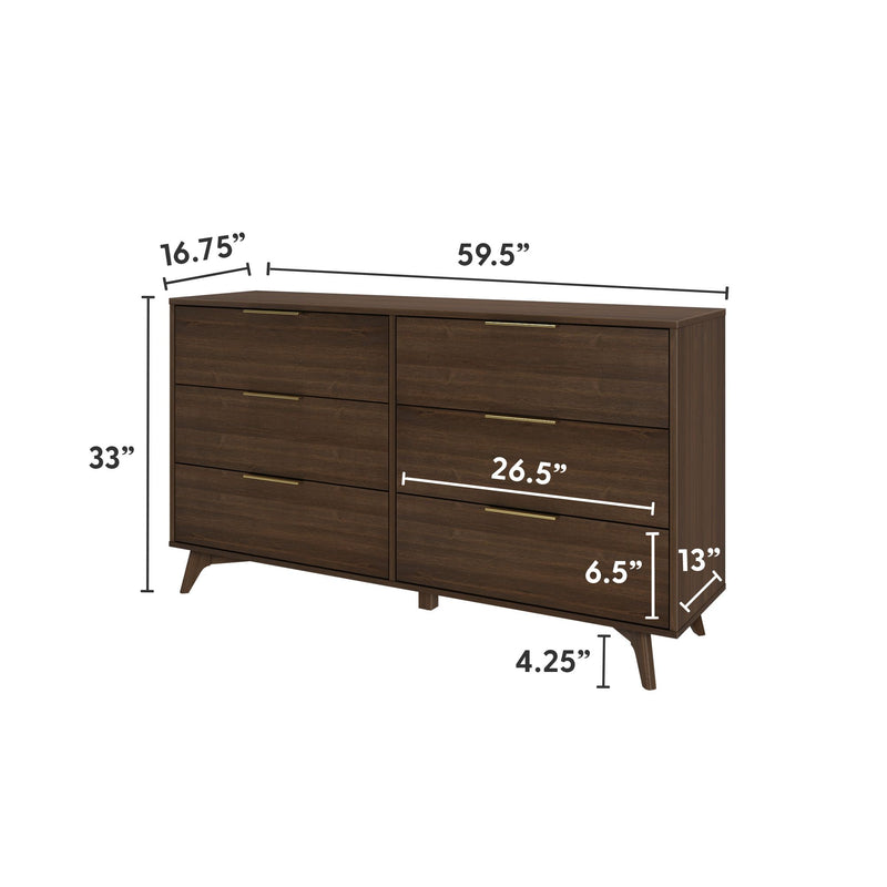 Mid-century modern wooden dresser with six drawers, measuring 59.5 inches wide, 33 inches high, and 16.75 inches deep.