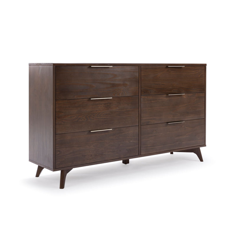 Mid-century modern dark wood dresser with six drawers and sleek metal handles.