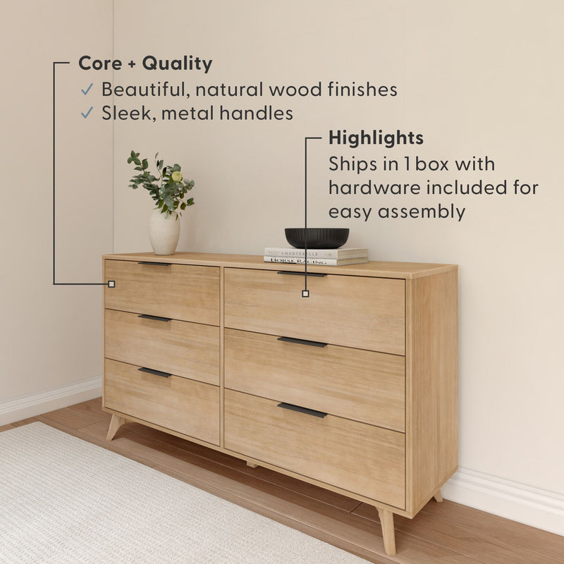 Natural wood dresser with sleek metal handles, featuring easy assembly and one-box shipping.