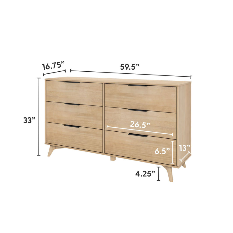 Wooden six-drawer dresser with detailed dimensions, featuring sleek black handles and contemporary design.
