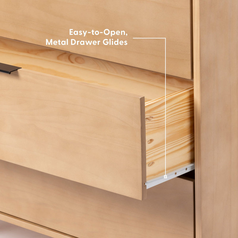 Wooden dresser with easy-to-open metal drawer glides for smooth functionality.