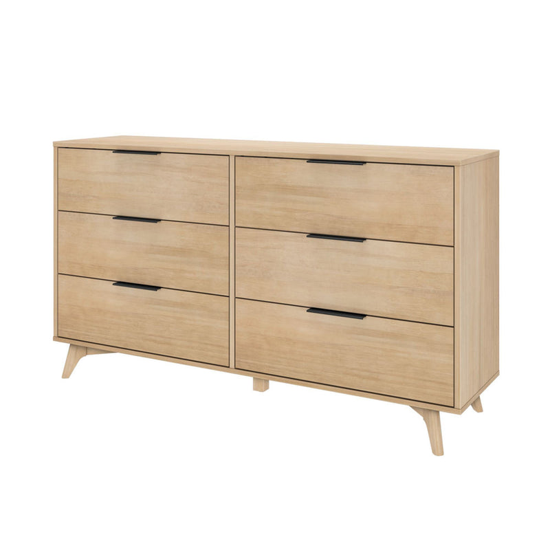 Modern wooden dresser with six drawers, featuring a light oak finish and minimalist design.