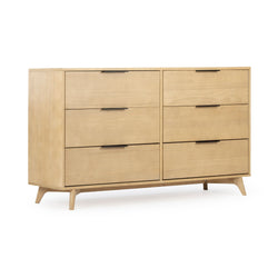 Mid-century modern six-drawer light wood dresser with tapered legs and black bar handles, natural maple finish bedroom storage chest