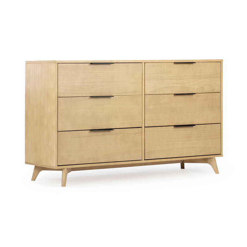 Mid-century modern six-drawer light wood dresser with tapered legs and black bar handles, natural maple finish bedroom storage chest