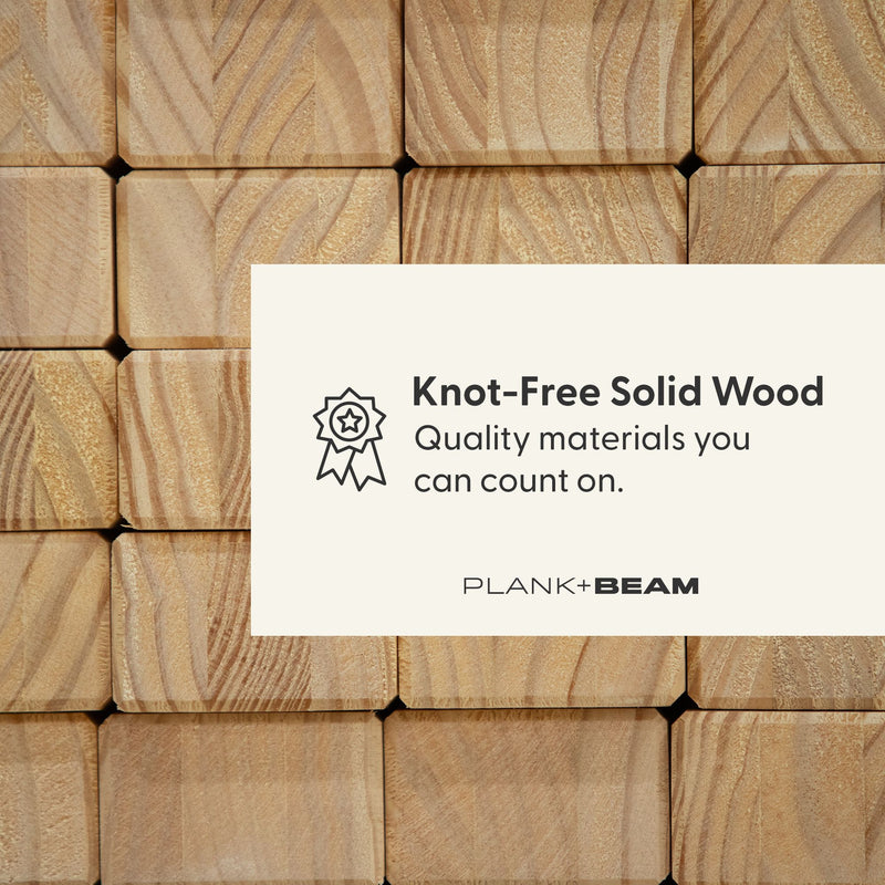 Knot-free solid wood planks stacked in a grid with promotional label "Knot-Free Solid Wood – Quality materials you can count on" and Plank+Beam logo