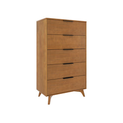 Mid-century modern 5-drawer wooden tall dresser in warm walnut finish with angled legs and matte black handles — bedroom storage chest for clothes and linens