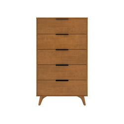 Mid-century modern walnut 5-drawer tall dresser with black handles and tapered legs, bedroom storage chest