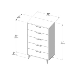 Mid-century modern five-drawer white dresser with angled wood legs and metal handles, product illustration showing dimensions 51" H × 30" W × 16" D (129 × 77 × 40 cm).