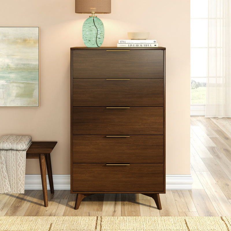 Mid-century modern walnut 5-drawer tall dresser with brass handles in styled bedroom — wooden chest of drawers for bedroom storage