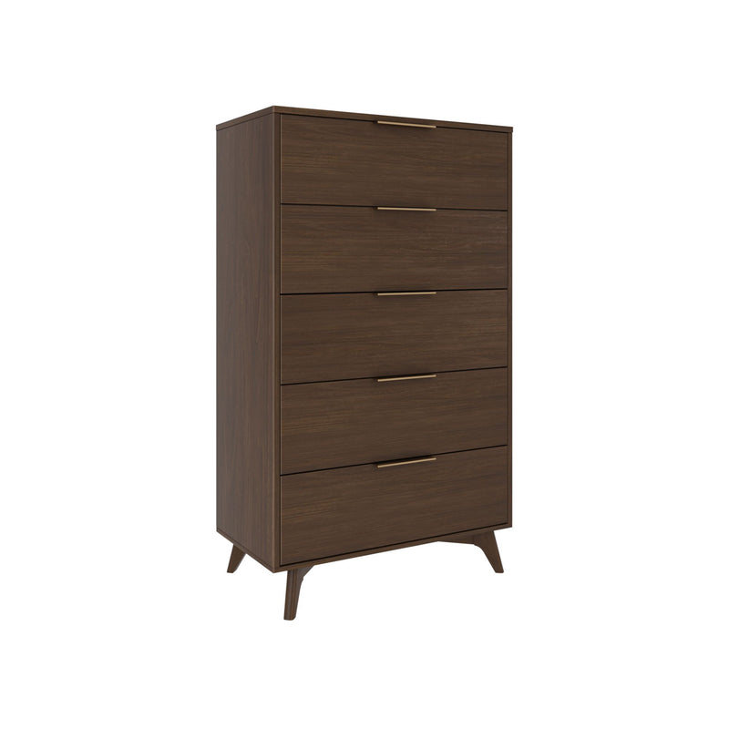 Mid-century modern 5-drawer walnut dresser with brass handles and tapered legs for bedroom storage