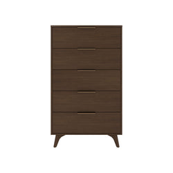 Mid-century modern 5-drawer walnut dresser with tapered legs and brass handles — tall bedroom chest of drawers for clothing storage